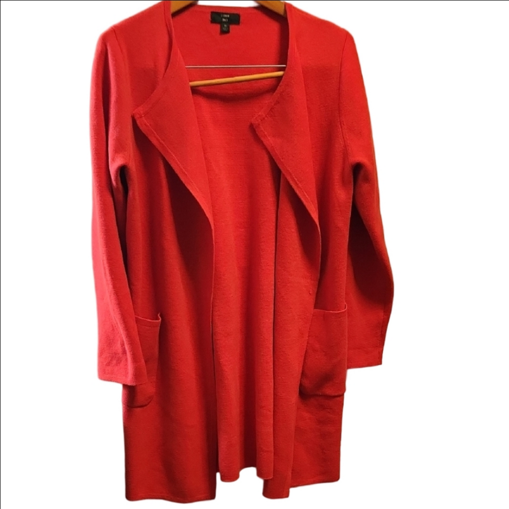J. Crew Red Wool Blend Knit Open Front Collarless Long Cardigan M oversized